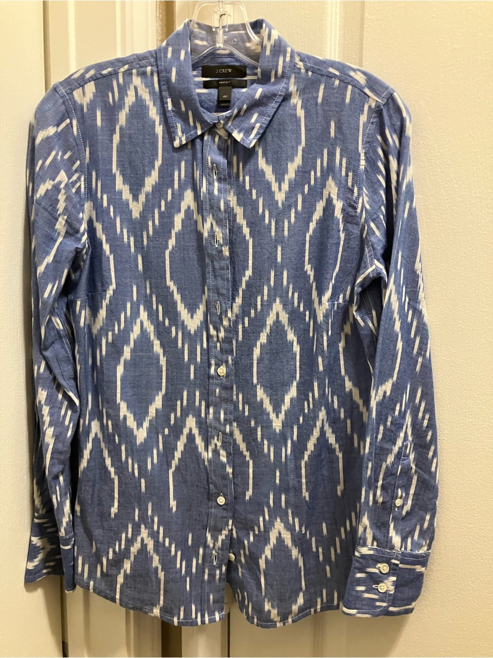 J. Crew Womens Blue Linen  Ikat-Pattern Button-Up Shirt